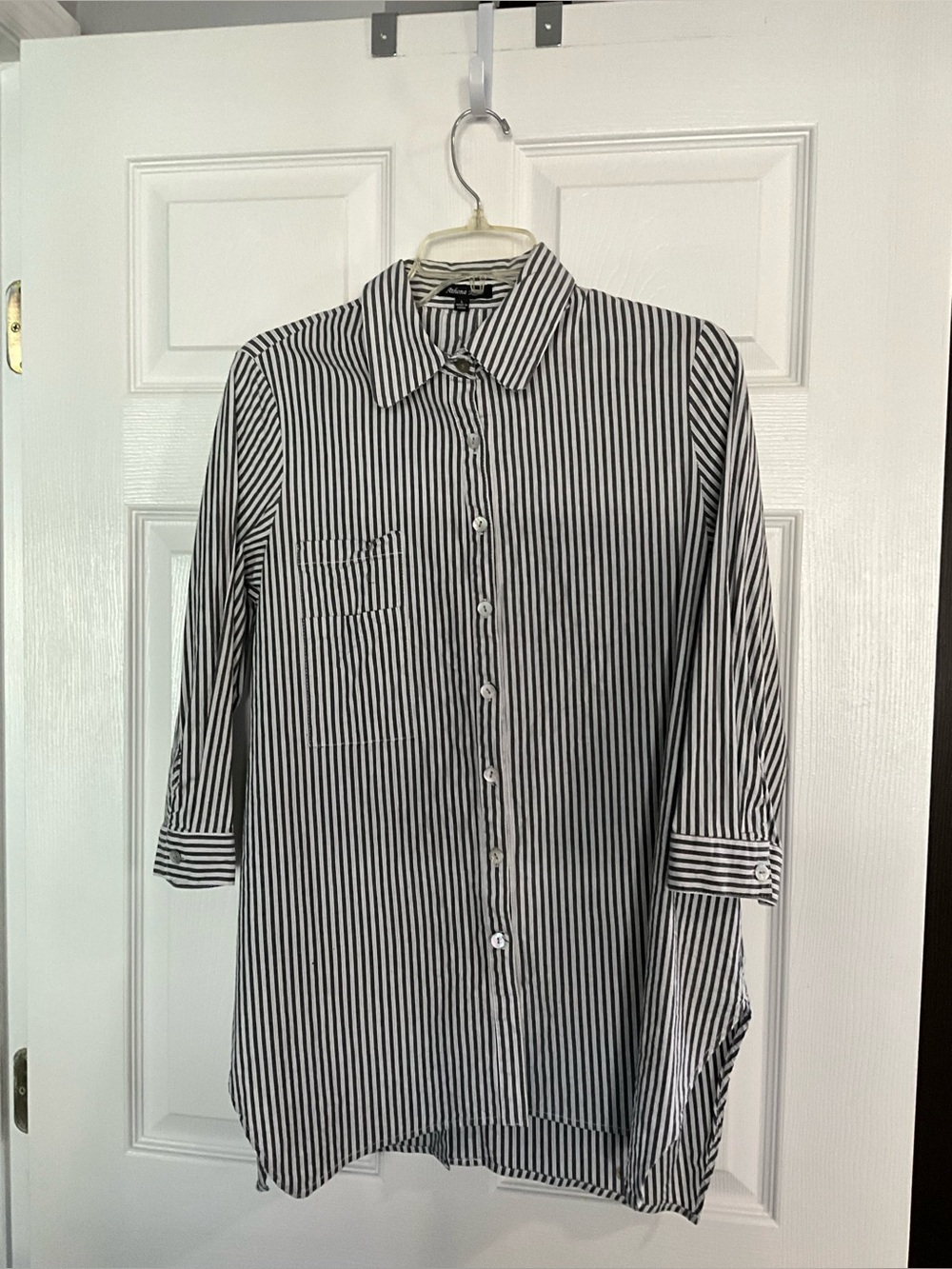 Unique Women’s Charcoal and White Striped Button-Up Shirt